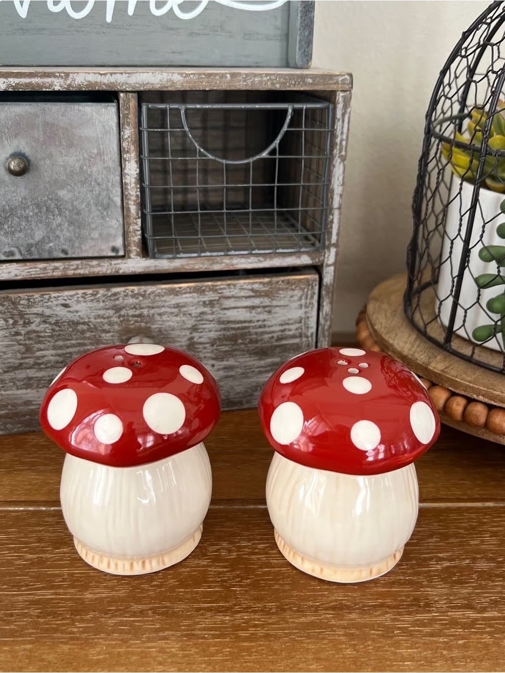 New Boho Farmhouse Ceramic Polka dot Mushrooms Salt & Pepper Shakers